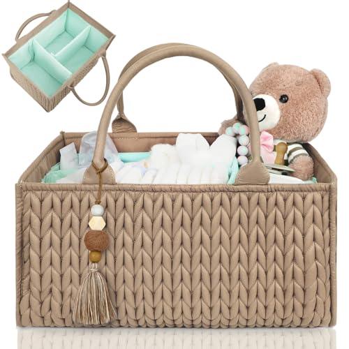 Image of MOMINSIDE Diaper Caddy Organizer, Baby Diaper Caddy Organizer with Handle Baby Basket Nursery Storage, Portable Changing Table Car caddy organizer for Girl Boy, Baby Registry Baby Shower Gifts(Brown)