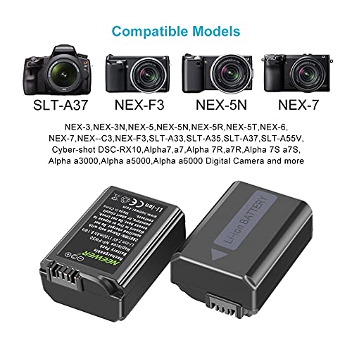 Image of Neewer 2-Pack NP-FW50 Replacement Battery and Dual USB Charger Compatible with Sony ZV-E10, A7, A7R, A7RII, A7II, A7SII, A7S, a3000, a5000, a6000, a6300, a6400, a6500, RX10 Series Camera