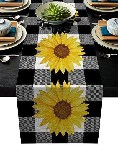 Linen Table Runner for Dining Table,Farm Sunflower Buffalo Plaid Black and White Machine Washable Table Top Covers 72 Inches for Home Kitchen Wedding Party Outdoor Decor