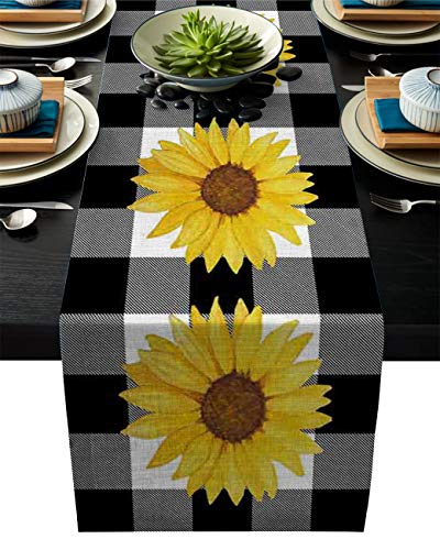 Linen Table Runner For Dining Table,Farm Sunflower Buffalo Plaid Black And White Machine Washable Table Top Covers 72 Inches For Home Kitchen Wedding Party Outdoor Decor #TOP1