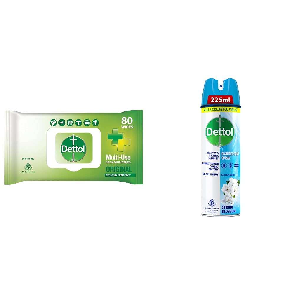 Dettol Disinfectant Skin & Surface Sanitizing Wipes, Original – 80 Count| Safe on Skin| & Dettol Disinfectant Sanitizer Spray for Germ Protection