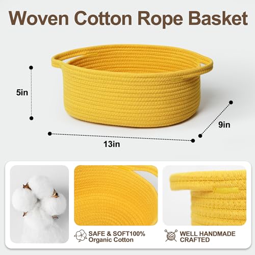 Image of WILLITAT Yellow Basket for Gifts Empty, 13 inchx 9 inchx 5 inch Small Woven Gift Basket with Bag and Ribbon, Cotton Rope Dog Cat Toy Bin Box, Cute Baby Nursery Organizer, Decorative Storage with Handles, Yellow