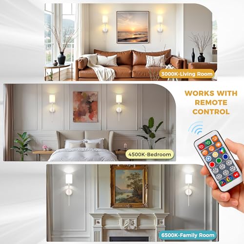 Image of DORESshop Battery Operated Wall Sconce Set of 2, Wireless Wall Light Easy to Install, 7 Color Rechargeable Wall Sconces, Sconce Wall Decor Set of 2 for Bedroom, Living Room, Nickel, 24.3in