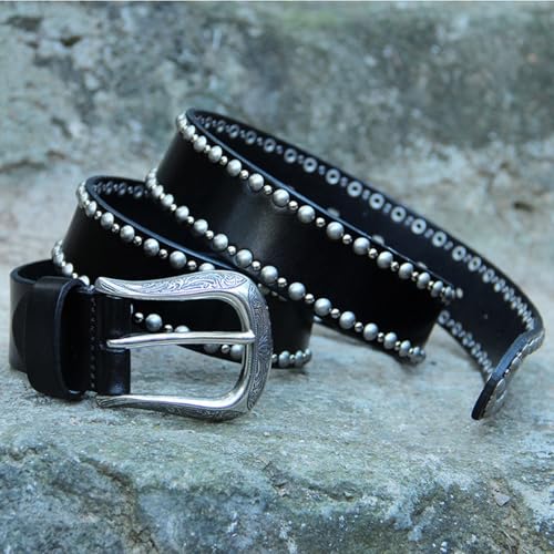 Women's Men's Studded Belt 2 Row Punk Rock Metal Round Rivet Waist Strap with Engraved Flower Buckle for All Outfits4