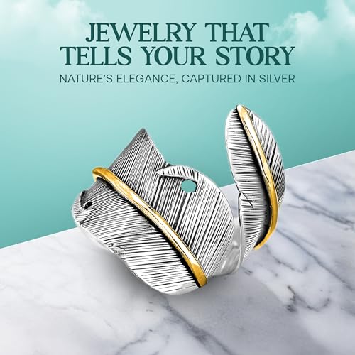 Boho-Magic 925 Sterling Silver and Brass Feather Ring for Women – Adjustable Nature-Inspired Leaf Wrap, Handmade Two-Tone Wide Band Statement Ring – Fits Sizes 7 to 10 – Modern Jewelry3