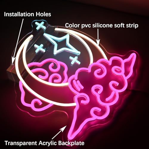 Image of Moon and Stars Neon Sign | Pink White Blue LED Wall Light, Dreamy Aesthetic Night Light for Girls Bedroom, Dorm, Nursery Decor, 13.4 inchx13.4 inch, USB Powered
