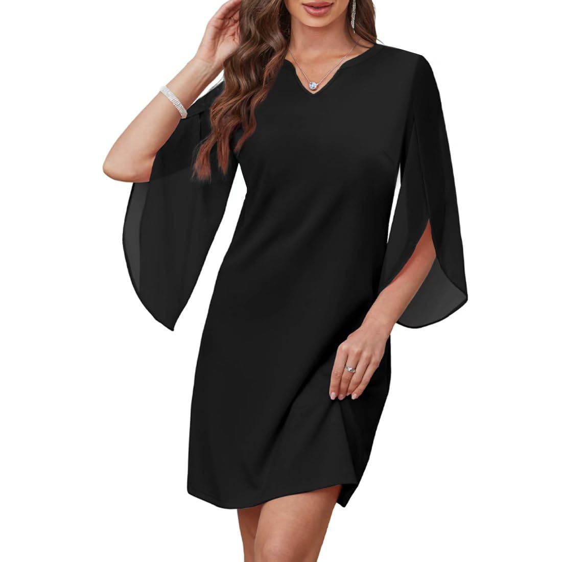 Robe de Cocktail pour Femme Midi Robes en Mousseline Manches 3/4 Robe Courte Chic et Élégante Col en V Robes Unie A-Line Coupe Ample de Mariée pour Fête Soirée Mariage Bal Promo