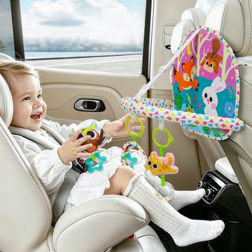 Image of OKOOKO Car Seat Toy Rear Facing Car Seat Toy Baby Travel Toy Double-Sided with Baby Mirror Plush Toys Rattle Teether Thickened Pad Adjustable Sensory Toy for Newborn Infant