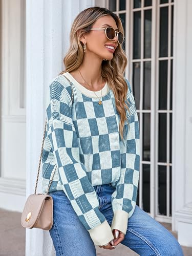 Women's Winter Oversized Sweaters Checkered Crewneck Color Block Batwing Long Sleeve Ribbed Knit Side Slit Pullover4