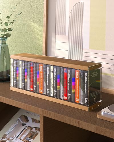 AREAJD Retro Cassette Tape Storage Walnut-colored MDF Desk Rack Organizer Cute Holds 20 Cassette Case Cassette Holder Stand Cassette Shelf/Tower/Stand Dollar Fit for Theatre Room