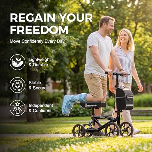 Image of BlessReach Steerable Knee Walker Deluxe Medical Scooter for Foot Injuries Compact Crutches, with Dual Rear on-Wheel Brake and Shock Absorption Under The Knee pad, Black