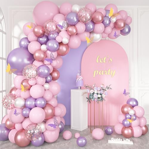 143Pcs Butterfly Pink and Purple Balloons Garland Arch Kit