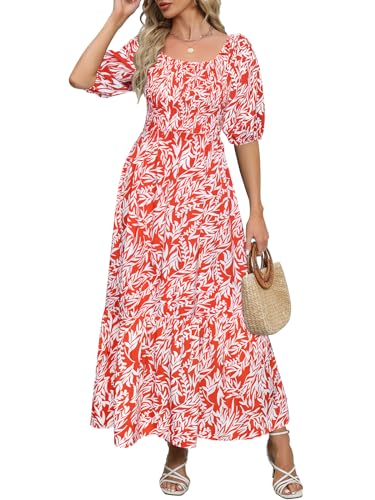 Image of Lyrur Summer Boho Smocked Maxi Dresses for Women Casual Puff Sleeve Square Neck A Line Tiered Ruffle Ankle Length Dress