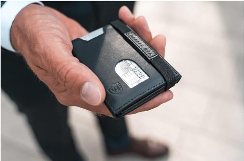 Image of AL FASCINO Men's Leather RFID Wallet, Black, Slim, Minimalist, 10 Card Slots, 30 Currency Compartment, Solid, Hook and Loop Closure
