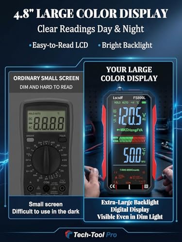 Image of USB Rechargeable Digital Multimeter 6000 Counts Large Color Screen & Backlight FS899L Smart Auto Ranging Multimeter True RMS Digital Voltmeter Multi Meter Digital Tester for Automotive Home