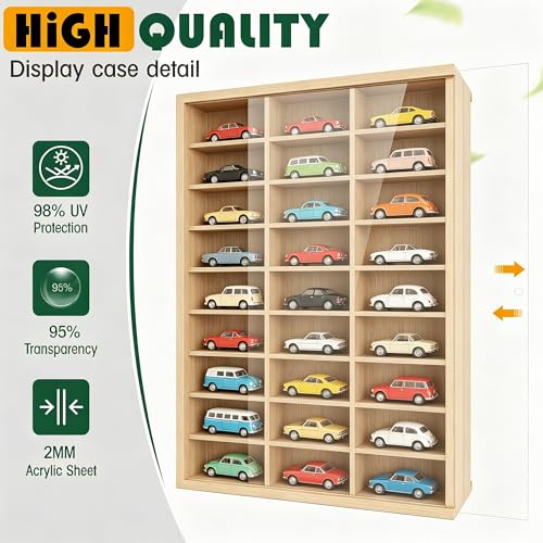 Image of Model Car Display Case 24 x 17 in, Holds 54 Fits 1 /64 Scale Toy car Storage Organizer,Wall-Mounted Toy Shelf Display Storage, Collapsible Wooden Box with 2 Acrylic Cover Plates (Only Box - Wood)