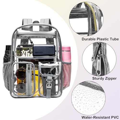 Image of gdbis Heavy Duty Clear Backpack for Stadium Events, Large Capacity Clear Bookbag Transparent Backpack with Reinforced Strap for College Work Travel Concerts Security - Grey
