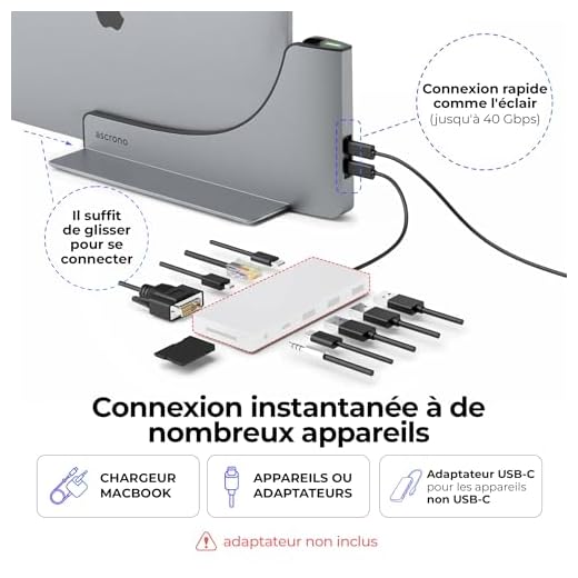 Concentrateur de Station d'accueil Verticale Ascrono | Compatible avec Apple MacBook Air 2018-2020 INCL. M1 | Station d'accueil Compatible Thunderbolt-4 avec 2 Ports USB-C (40 Gbit/s)