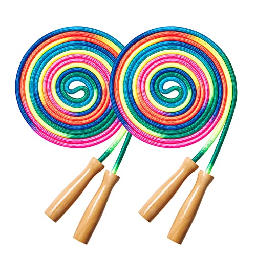 Fanhostco Double Dutch Long Jump rope - 16Ft 2 Pack Skipping Rope for Kids Adults Rainbow Jumping Rope for Multiplayer with Wooden Handle
