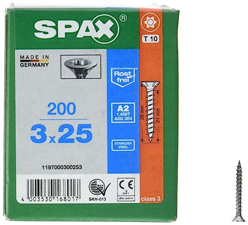 SPAX Universalschraube aus Edelstahl rostfrei A2, 3,0 x 25 mm, 200 Stück, T-STAR plus, Senkkopf, Vollgewinde, S-Spitze, 1197000300253