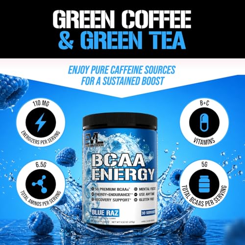 Image of EVL BCAAs Amino Acids Powder - BCAA Energy Pre Workout Powder for Muscle Recovery Lean Growth and Endurance - Rehydrating Post Workout Recovery Drink with Natural Caffeine - Blue Raz