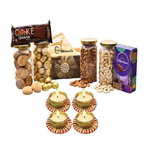 Image of NUTRI MIRACLE Diwali Dry Fruits Chocolate Nuts Hamper with Diya | Parents Office Festival Gift