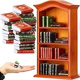 Miniatures Book and Bookshelf Set Includes 27 Pcs 1:12 Scale Miniatures Dollhouse Books 1 Pcs Wooden Bookcase 4 Floors Furniture Display Bookshelf Cabinet Dollhouse Decoration for Mini House Library