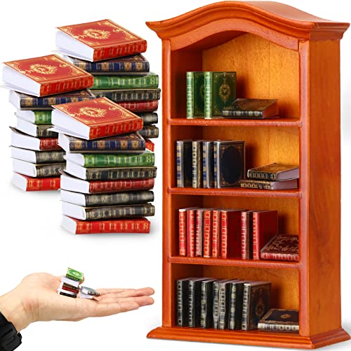 Miniatures Book and Bookshelf Set Includes 27 Pcs 1:12 Scale Miniatures Dollhouse Books 1 Pcs Wooden Bookcase 4 Floors Furniture Display Bookshelf Cabinet Dollhouse Decoration for Mini House Library