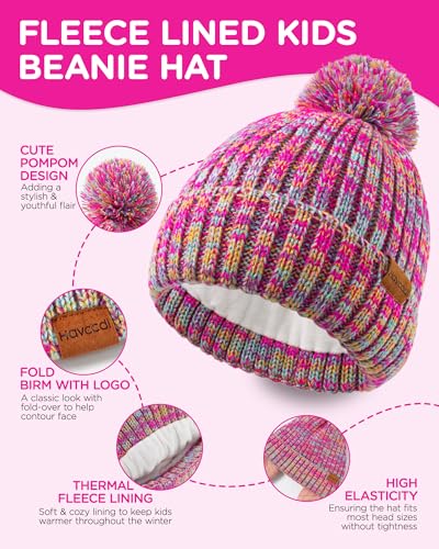 Image of Kids Winter Hat Scarf Gloves Set - Girls Boys Fleece Lined Beanie Hat with Pom Knit Scarf Warm Mittens for Children