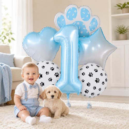 Image of Blue Puppy Dog Paw Print Number 1 Foil Balloon Kit Boys 1st Birthday Decor