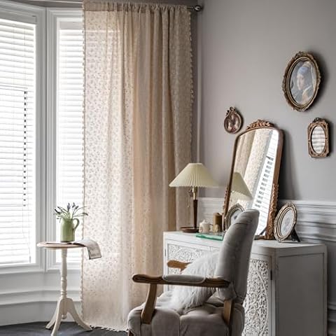 AMZTOP Beige Daisy Boho Curtains Room Semi Sheer Floral Curtains 96 Inch Long Crochet Lace Patchwork Curtains with Tassel for Living Room Bedroom Country Rustic Drapes with Rod Pocket 2 Panels Cover