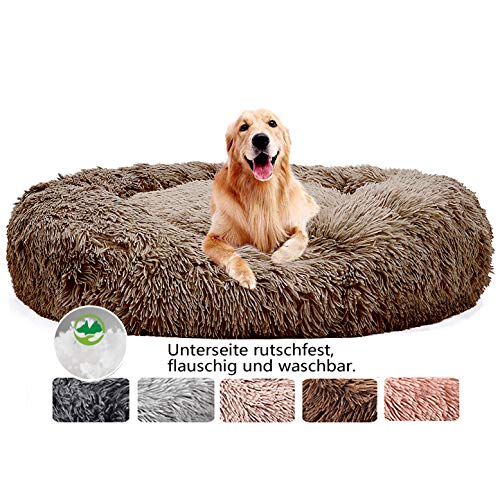 Haustierbett Plüsch Waschbar, Katzenbett, Hundehaus, Welpen Kissen, Tragbare Warme Weiche Bequeme Hundesofa, für kleine und mittelgroße Hunde und Katzen - Braun Ø 80cm