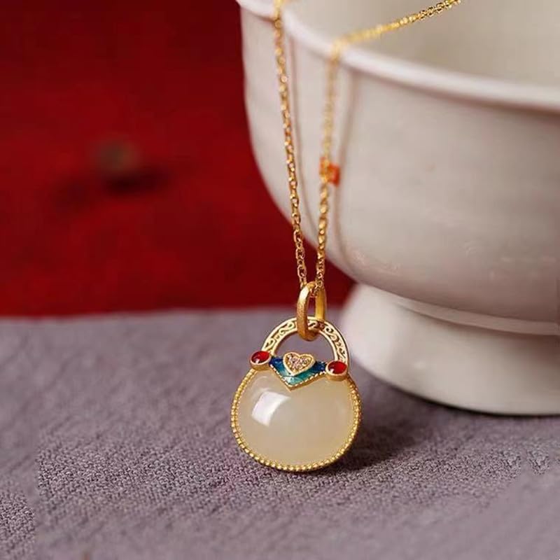 14K Gold Real Natural Jade Enamel Fortune Bag Necklace, Unique Vintage Style Jade Pendant, Delicate Jade Jewelry Gift for Wife's Prosperity4