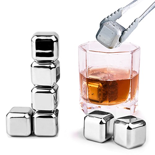 Whiskey Stones - Set of 8 with Tongs, Plastic Storage Box , Reusable Stainless Steel Ice Cubes for Wine , Beer - Whiskey Chilling Rocks Mokadii