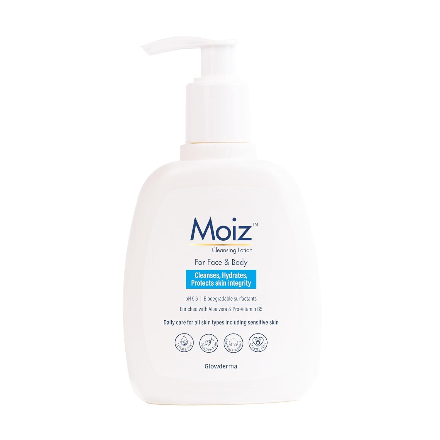 M o i z Cleansing Lotion Face Body Cleanser For Sensitive Skin With Aloe Vera Pro-Vitamin B5 pH