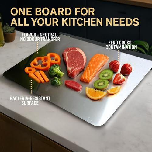 Image of Stainless Steel Cutting Board for Kitchen Countertop, Non-Slip Metal Chopping Board, Odor Resistant, Easy to Clean, 35 x 31 cm, Comes with 4 Steel Straws