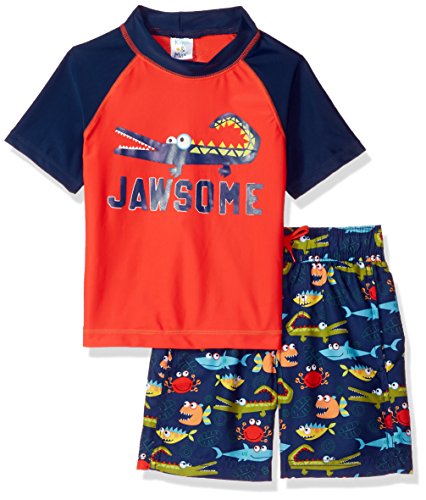 KIKO & MAX Boys' Baby Swimsuit Set with Short Sleeve Rashguard Swim Shirt, Jawsome Alligator, 6-9 Months