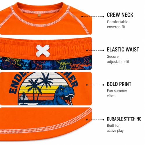 Image of Quad Seven Boys 2-Piece Rash Guard Swimsuit Set Short-Sleeve (Sizes 5-12) | Lightweight Quick-Dry Fabric with Sun Protection, Matching Top & Trunks, Adjustable Drawstring Waist for Pool or Beach Days