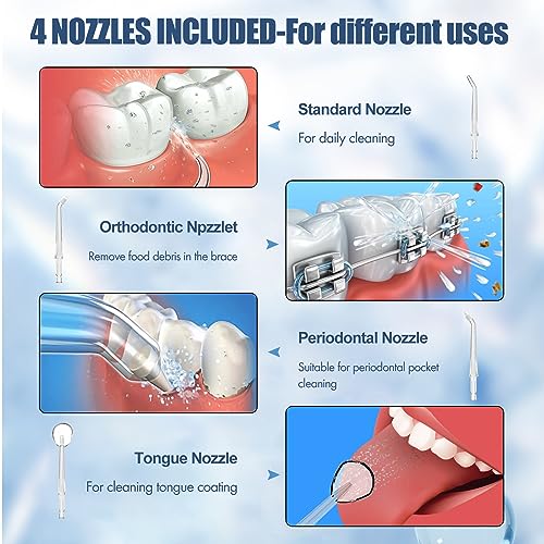 Munddusche Kabellos 4 Reinigungsmodi 4 Jet-Tipps, IPX7 Wasserdicht und USB Wiederaufladbarer Elektrische Zahnreiniger für Reise und Homful, Kieferorthopädischer, Zahnpflege – Bild 4