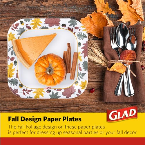 Image of Glad Square Disposable Paper Plates, Falling Foliage Pattern - Strong, Sturdy, Soak Proof, and Microwavable Decorative Plates for Dinner and Everyday Use, 10 Inch, 50 Count