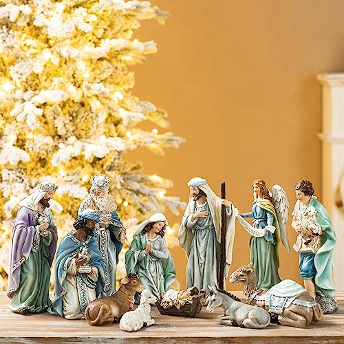 Glitzhome 12Pcs Nativity Figurines Sets for Christmas Indoor, Deluxe Blue Resin Christian Nativity Set Xmas Nativity Scene Tabletop Ornaments Miniatures Statue Nativity Figures Collectible 10' x 26'