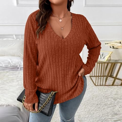 Heevina Sweaters for Women Ribbed V Neck Plus Size Solid Color Long Sleeve Base Jumpers Pullover Winter Sweater Fall4