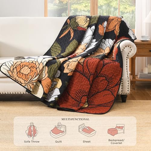 Image of Andency Floral Boho Quilt Super King Plus Size Bedding Set Black, 3 Pieces Farmhouse Flower Botanical Summer Bedspreads with 2 Shams, Soft Reversible Polyester Coverlet Set for All Season, 128 inchx120 inch