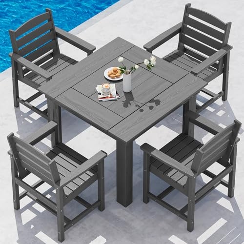SERWALL Outdoor Dining Set for 4, HDPE Square Table and Chairs Set All Weather Patio Dinin... SERWALL Outdoor Dining Set for 4, HDPE Square Table and Chairs Set All Weather Patio Dinin...