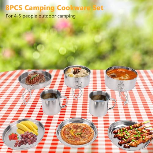 Aomiun 8PCS Stainless Steel Camping Cooking Set Cookware Mess Kit Cook Pots and Pan Set with Plates Cups, Lightweight Camping Cookware for Hiking Backpacking Outdoor Cooking and Picnic