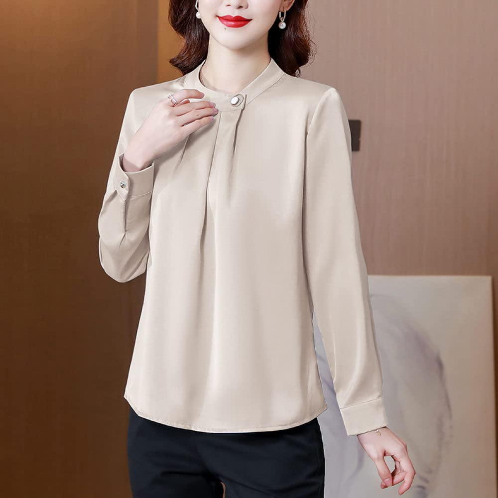 Damen-Hemd Mit Knopfleiste,Leichte Damen-Bluse Mit Rundhalsausschnitt, Falten, Satin, Lange Ärmel, Tunika-Hemd, Chiffon, Glänzend, Sexy, Party-Tops, Lässig, Büro, Business-Bluse Für Mädchen, Damen
