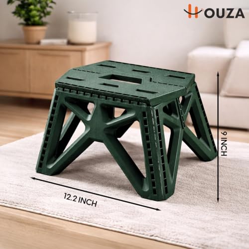Image of HOUZA Foldable 9 Inch Plastic Step Stool, Heavy Duty Non-Slip Design for Adults & Kids, Lightweight Portable Space Saving Stools for Home, Kitchen & Bathroom - Dark Green