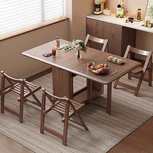Mesa de comedor plegable extensible con 2 niveles de almacenamiento, mesa rectangular de hojas colgantes para cocina y comedor, estilo rústico de granja (marrón)