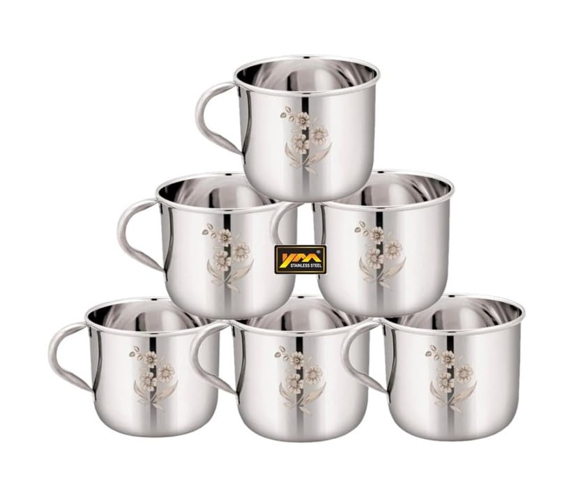 YM STAINLESS STEEL - Tea & Coffee Cup | Set of 6 | Laser Design | Silver Mirror Finish | Break Resistant | Durable | Gifting Item | 140ml (B09TSQF5WC) Amazon Price History, Amazon Price Tracker