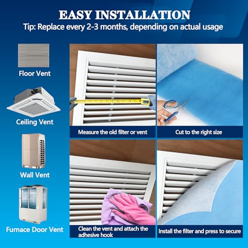 Image of Air Vent Filters, MERV 8 Cut to Fit, 14 inch x 140 inch | Makes Up to 80 Filter Pieces, Electrostatic Filter Material, For Floor, Ceiling and Furnace Vents, 48 Adhesive Hook Tapes